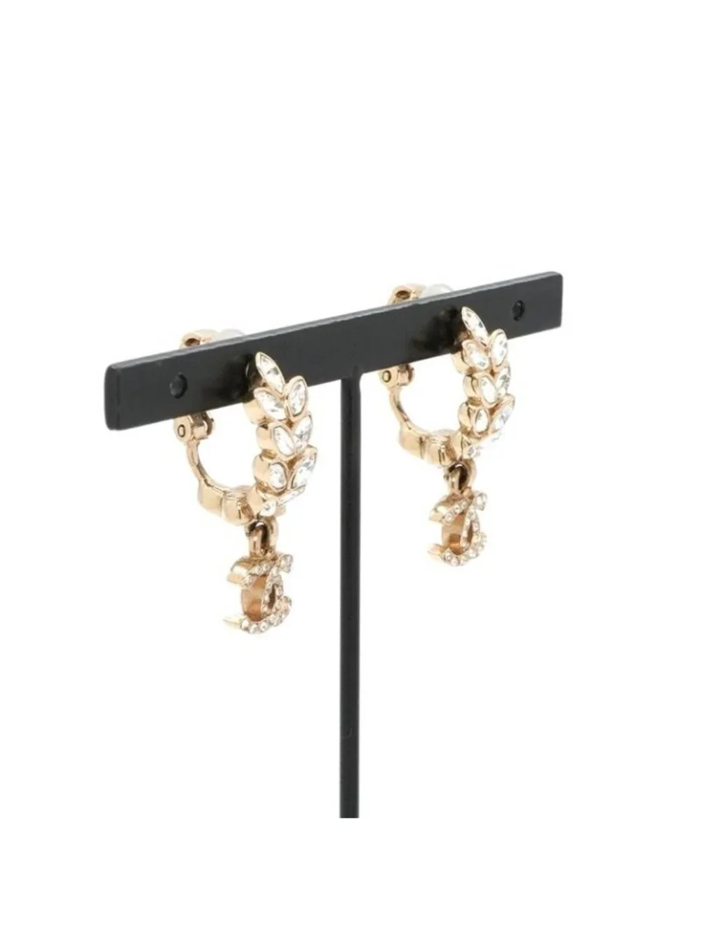 Chanel Earrings Gold CC Logo Rhinestone Leaf Motif
